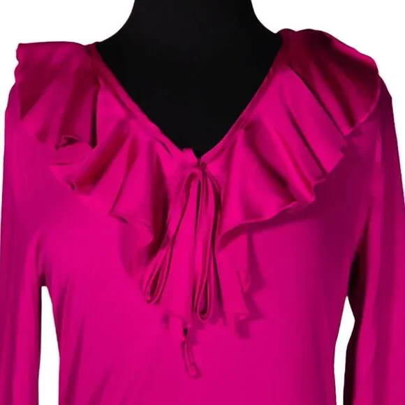 Ralph Lauren Women's Blouse Pink Satin Ruffle Stretch V-Neck 3/4 Sleeve Top L - Picture 4 of 9